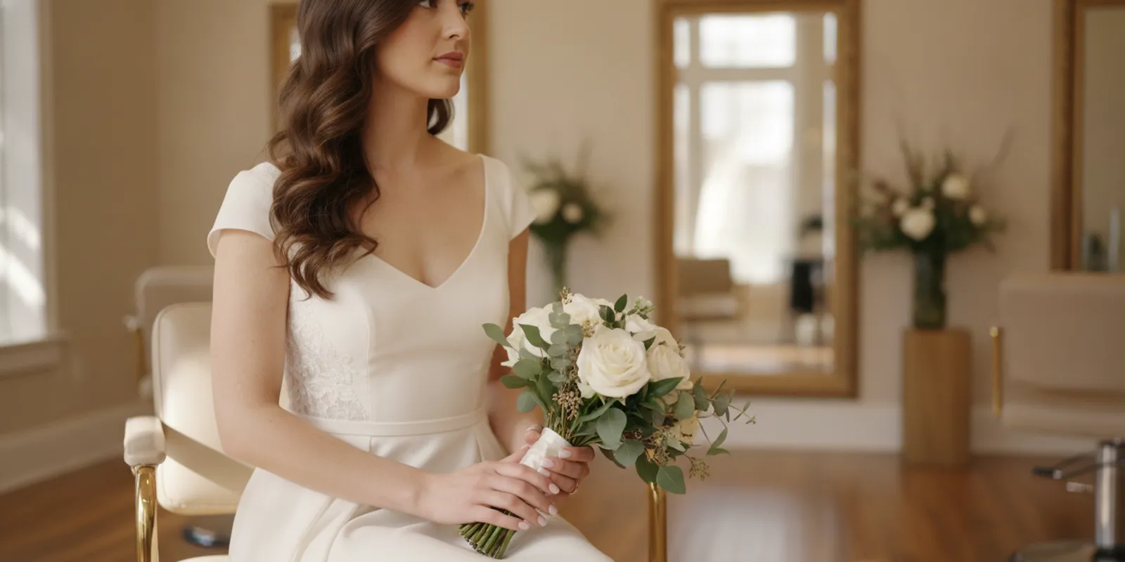 Bride with a softly polished manicure holding a small wedding bouquet