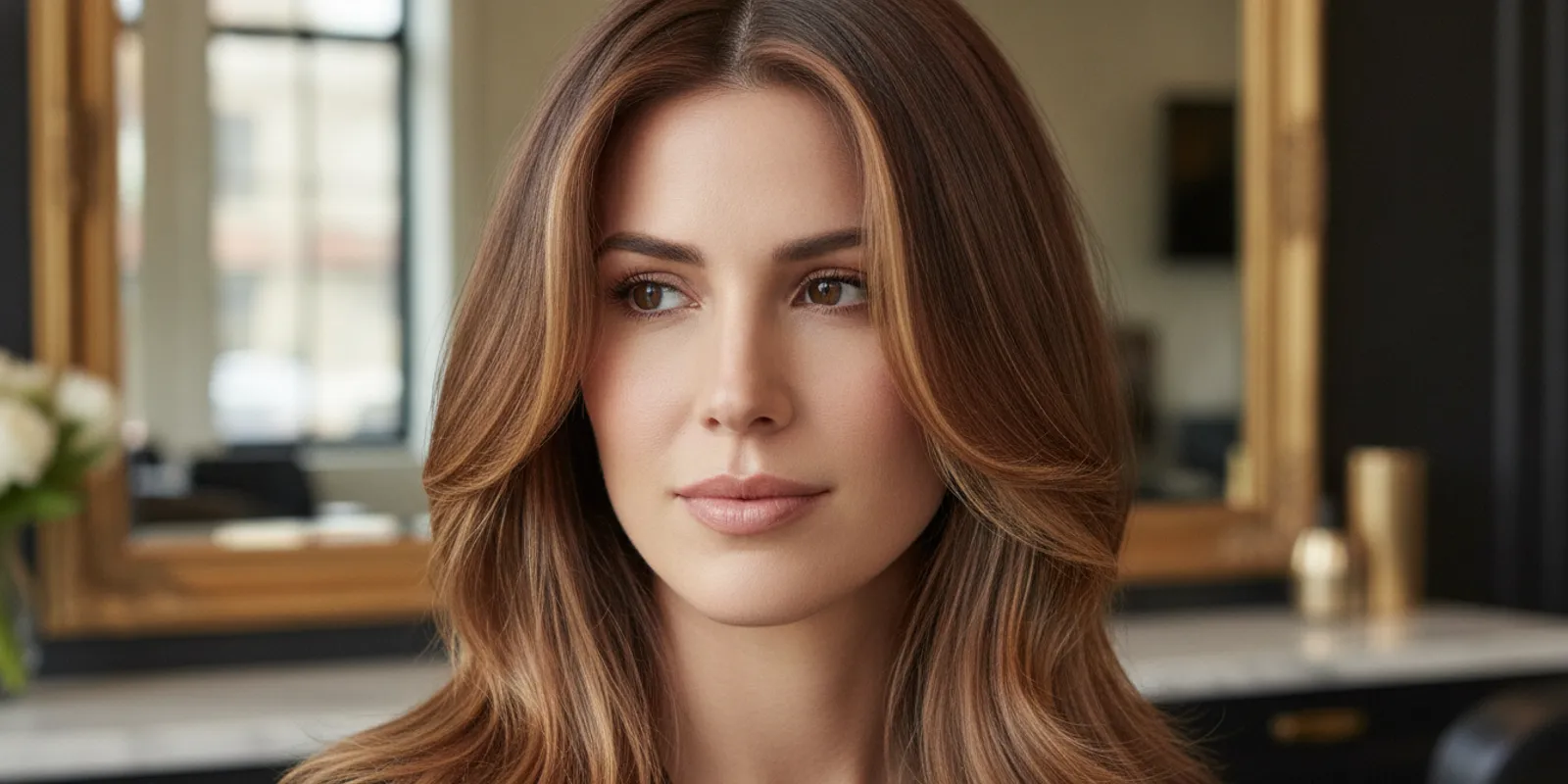Dimensional brunette hair with softly blended highlights viewed in natural light