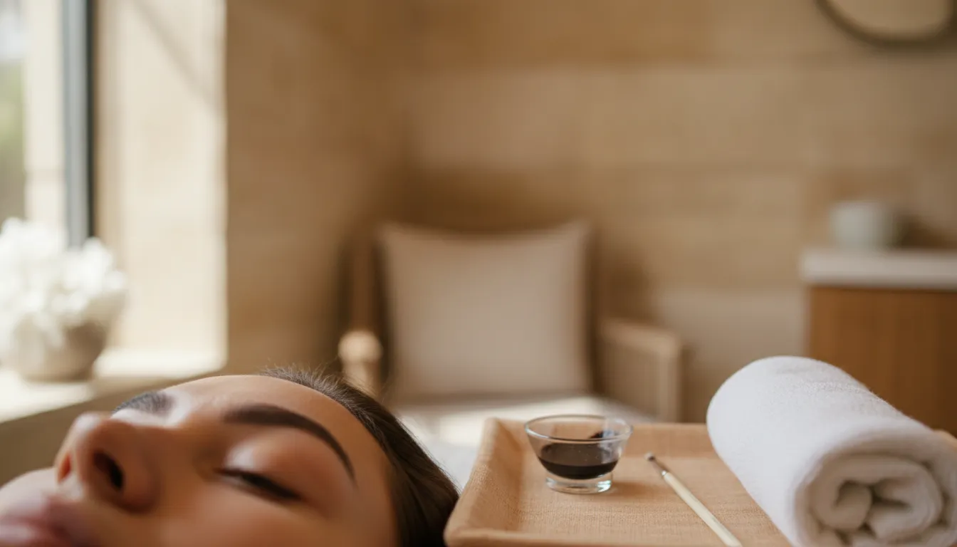 Soft-focus natural brows beside a tint dish and brow brush on a linen tray in a calm salon